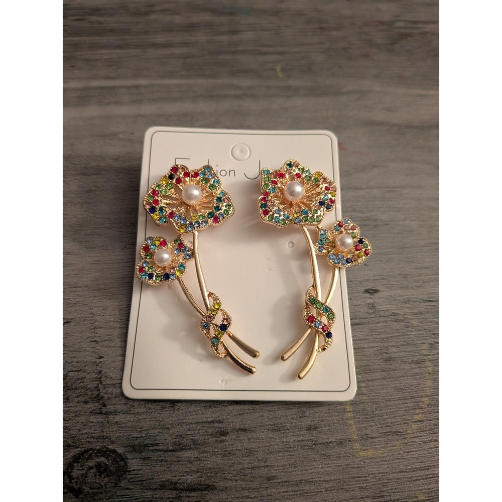 Fashion Jewelry Multicolor Rhinestone Floral Faux Pearl Gold Tone Drop Earrings